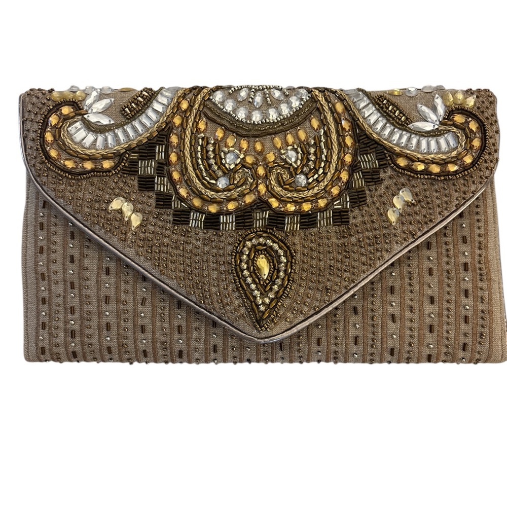 Embellished Clutch Bag - Brown and Gold